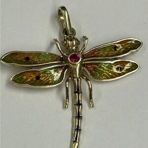 14k 14KT solid yellow gold enameled with ruby dragonfly necklace pendant
